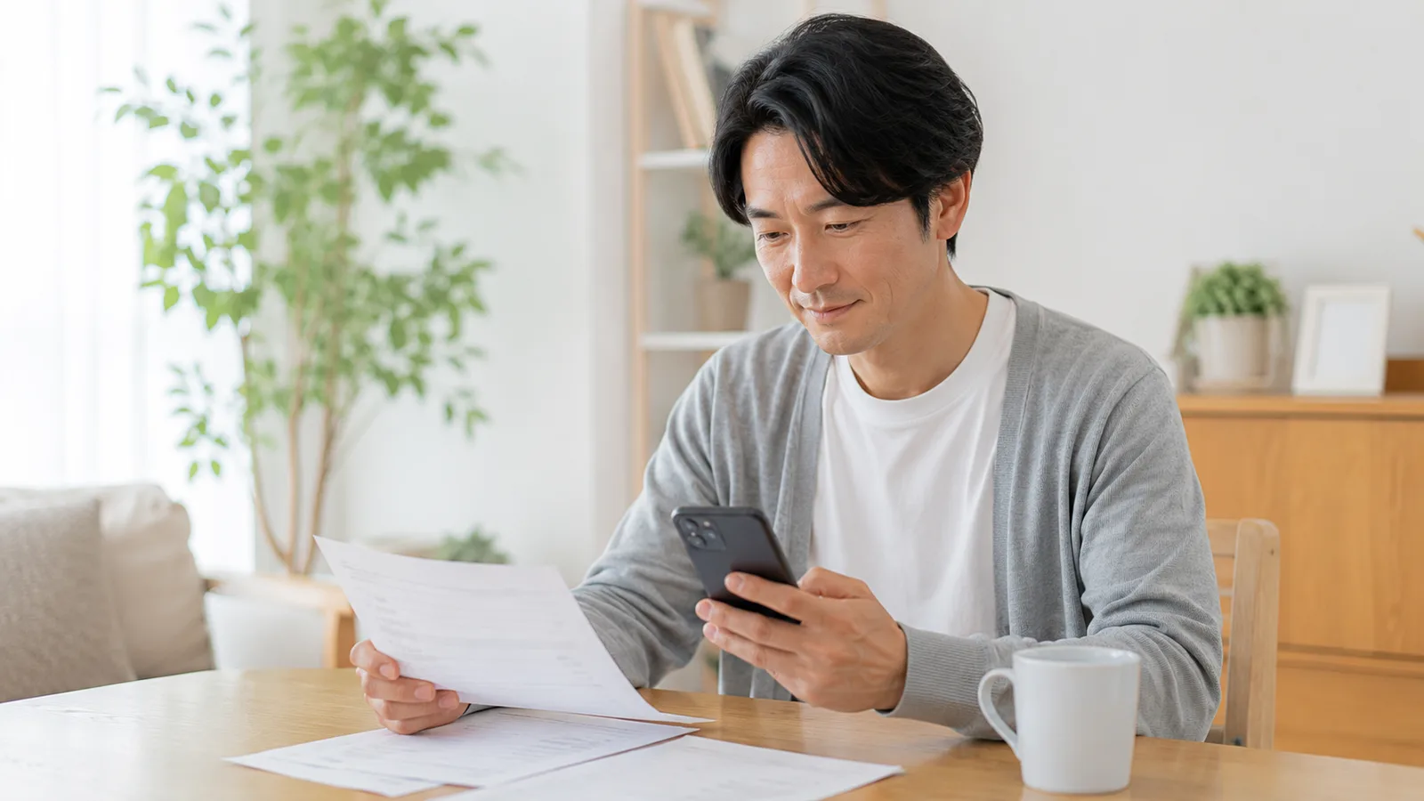 リビングでスマホとクレジットカードの明細を見比べながら課金とサブスクを整理する男性