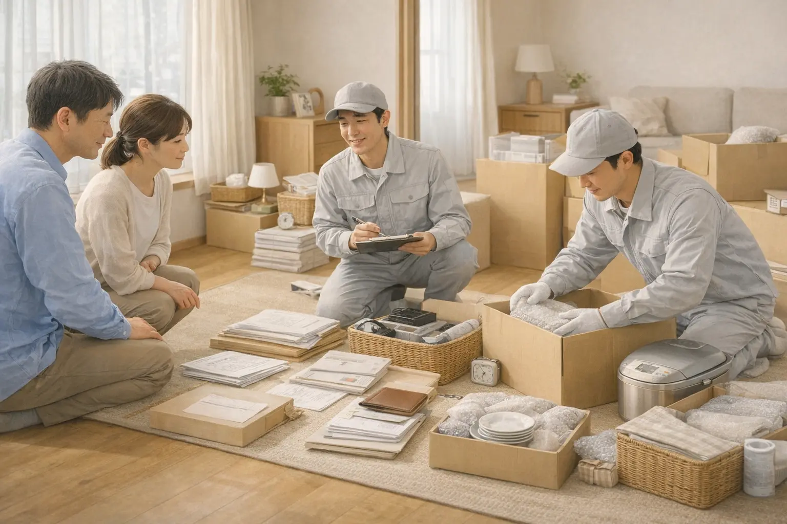 実家の遺品整理を専門業者が仕分けしている様子