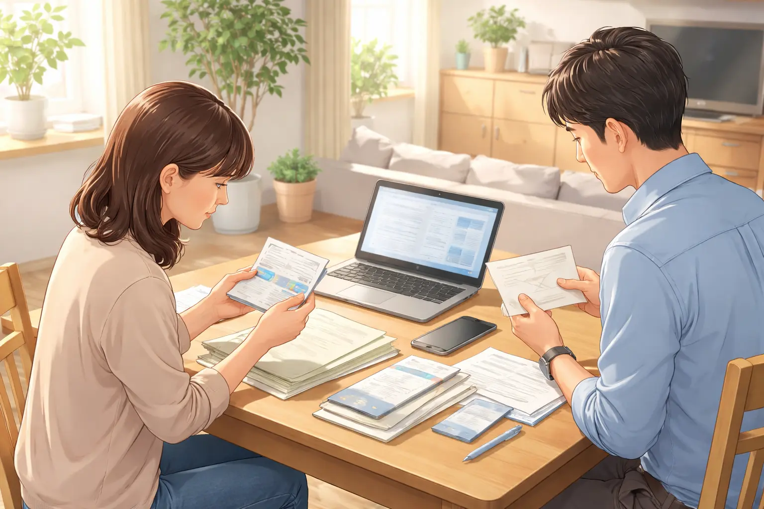 親のネット銀行や口座の手がかりを、通帳やノートパソコン、郵便物から確認している様子