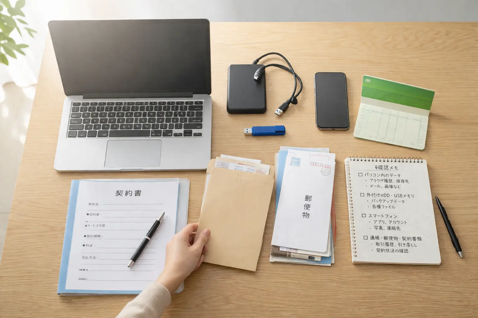 パソコン、外付けHDD、スマホ、書類を並べて確認対象を整理している様子