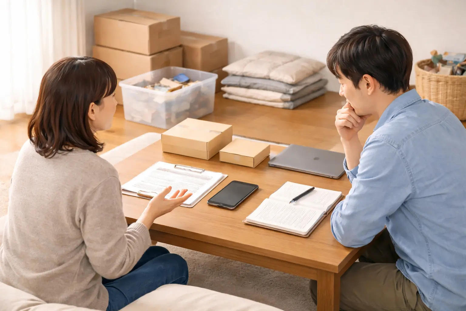 スマホ、箱、書類、ノートパソコンを前に、実家全体の片付けとして整理方針を考えている様子