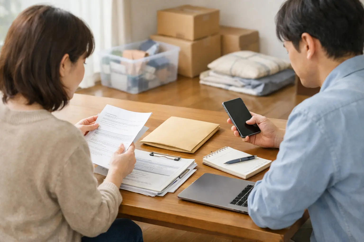 亡くなった親のスマホや書類、封筒、ノートパソコンを前に、処分の順番を落ち着いて整理している様子