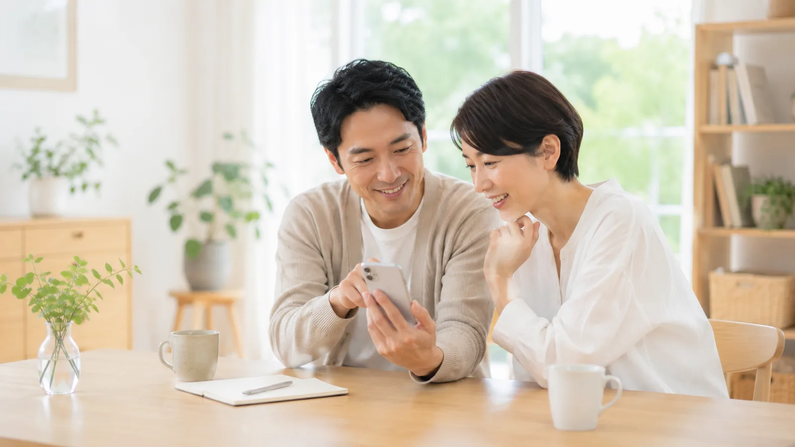 明るいリビングで夫婦がスマホを一緒に見ながら、何を共有するかを穏やかに話し合っている様子