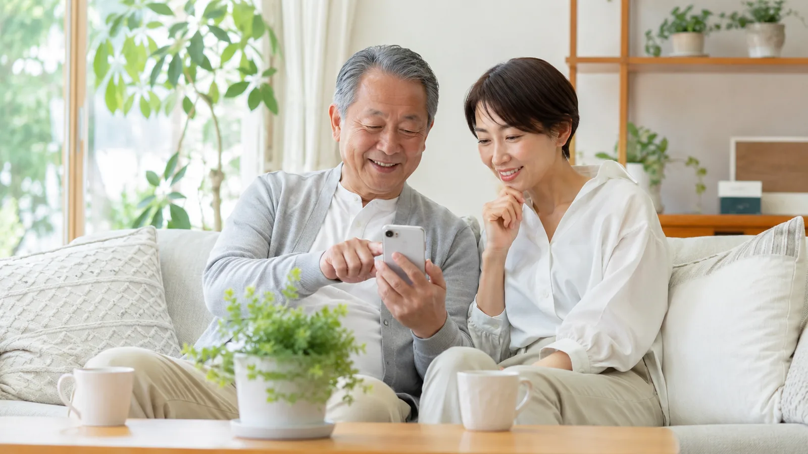 明るいリビングで、親と子がスマホを見ながら銀行口座の在りかについて穏やかに話している様子