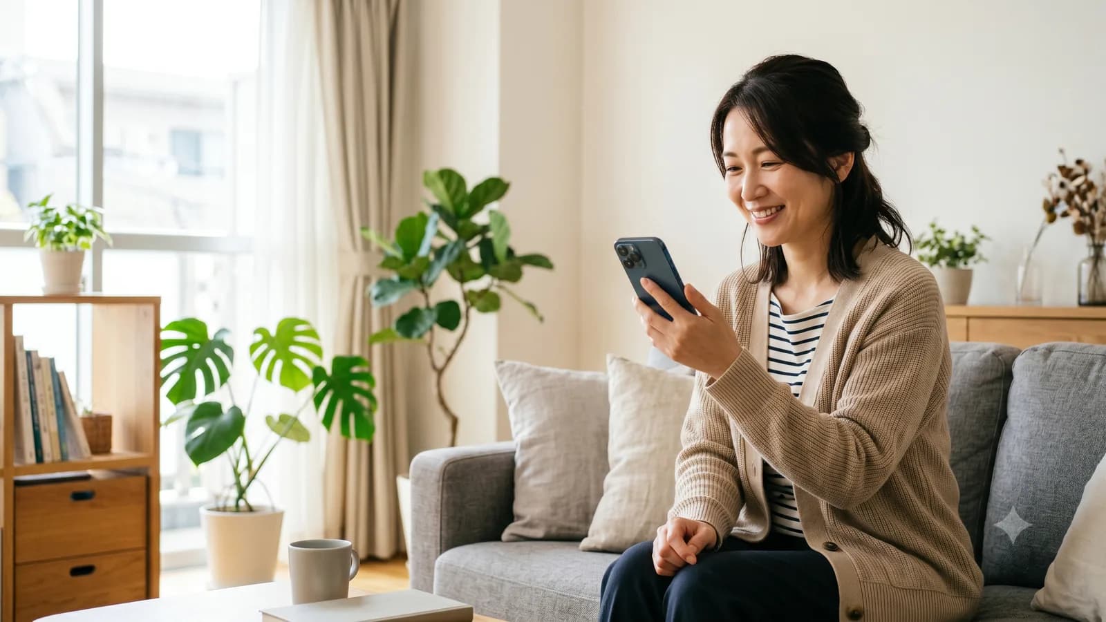 リビングでスマホを手に持ち、指紋認証や認証コードでログインを確認する人
