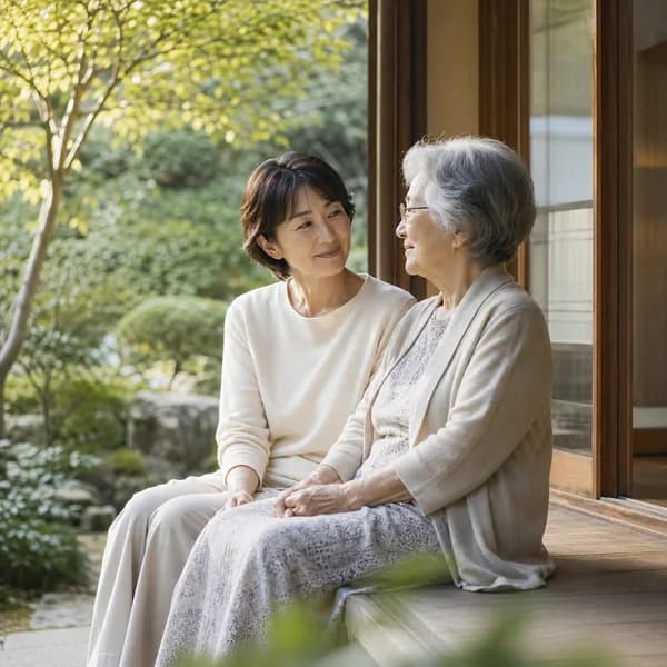 縁側で穏やかに語らう親子
