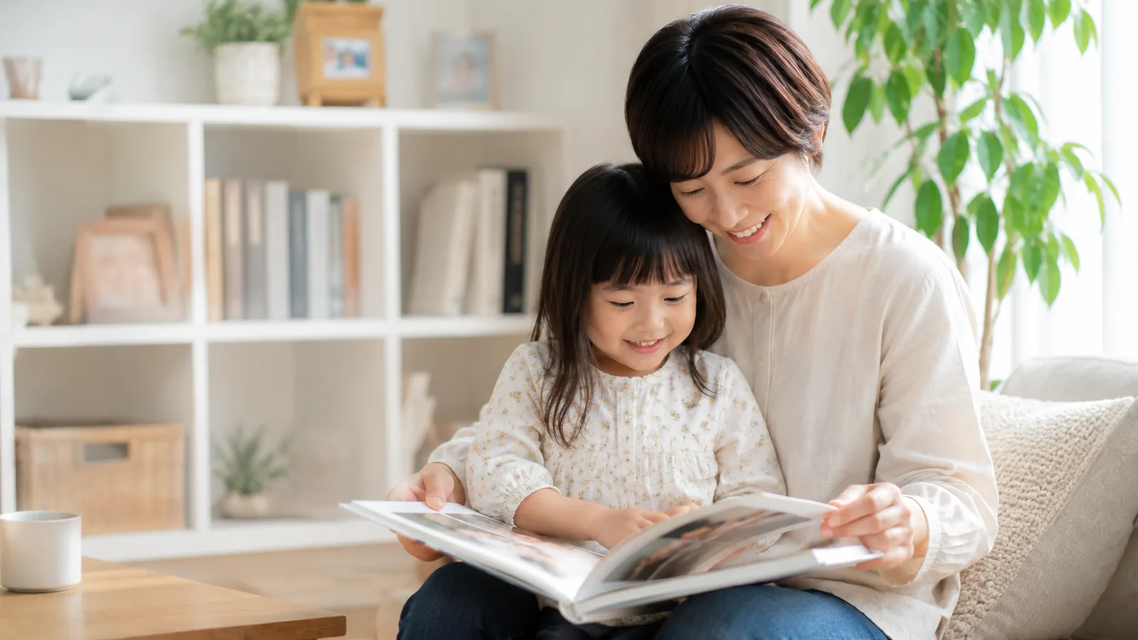 リビングで親子が開いたフォトブックを一緒に眺める様子