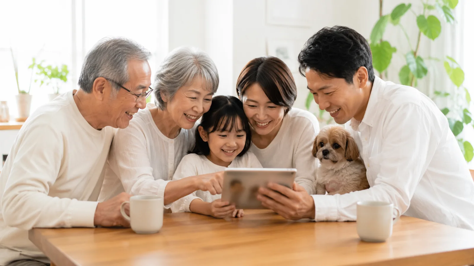 スマートフォンでペットの写真を家族みんなで一緒に見て笑い合う様子
