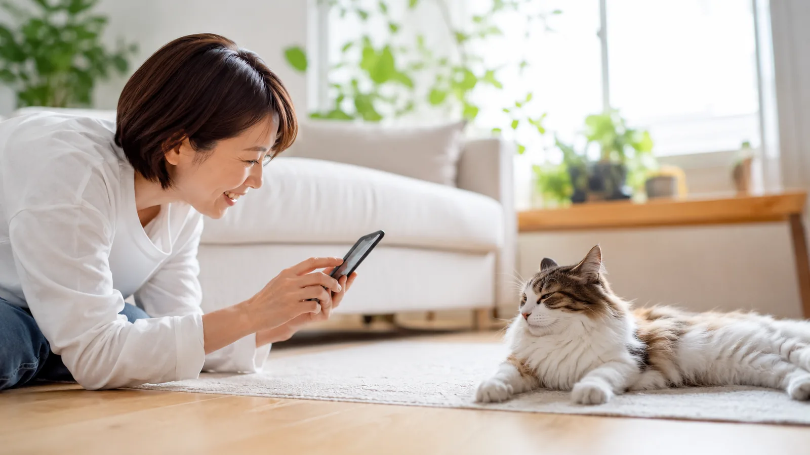 リビングでスマートフォンを使い、くつろぐペットを撮影する飼い主
