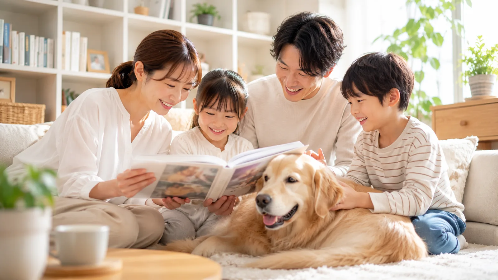 家族がペットのフォトブックを開いて眺める様子