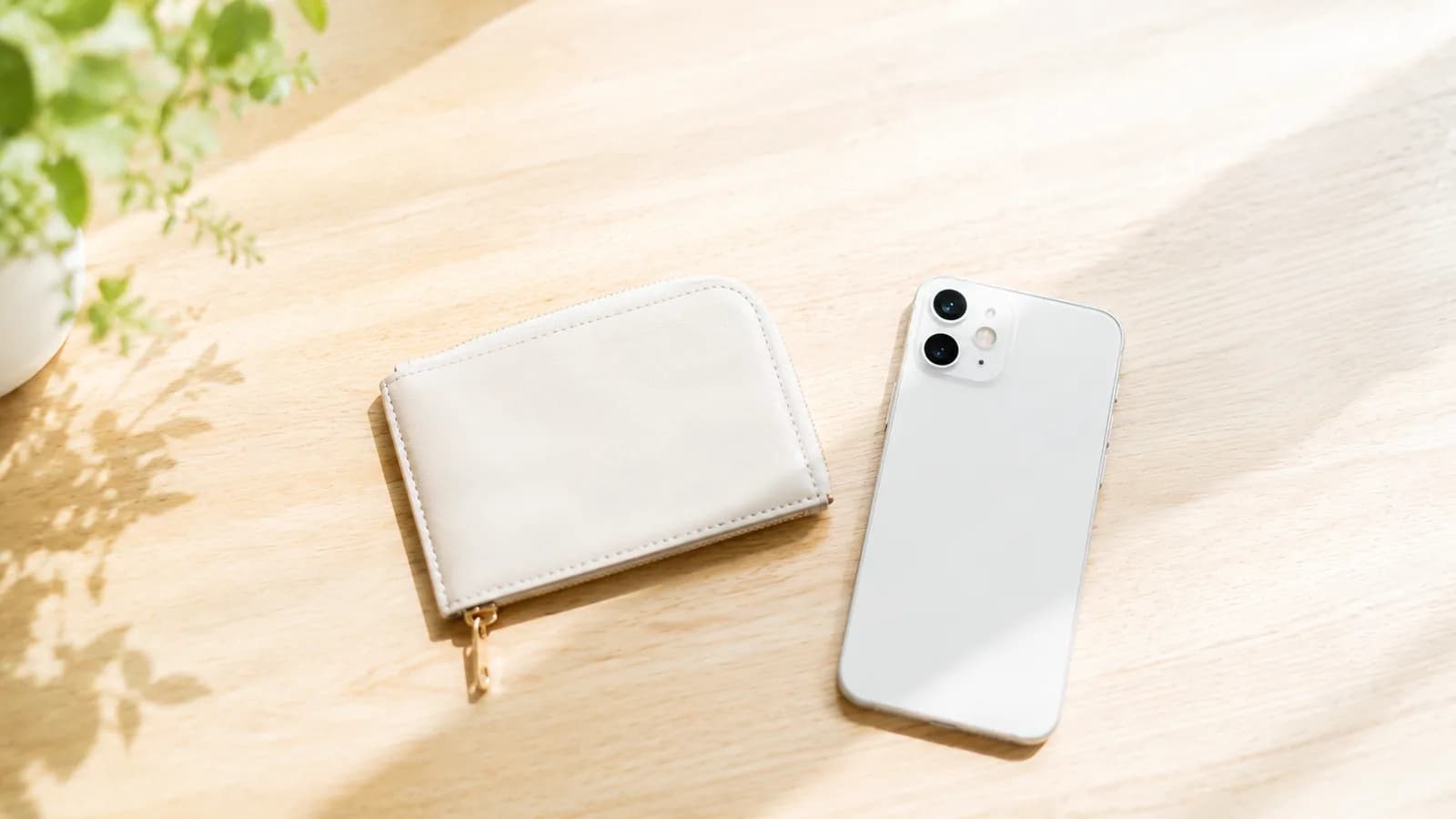 薄くなった財布とスマホがテーブルに置かれた、現代のミニマルな持ち物