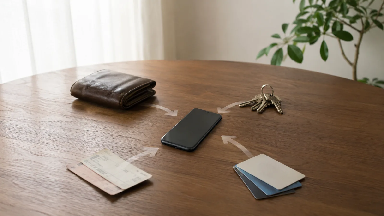 1台のスマートフォンと、役目を終えつつある財布・鍵・きっぷ・カードを並べた俯瞰