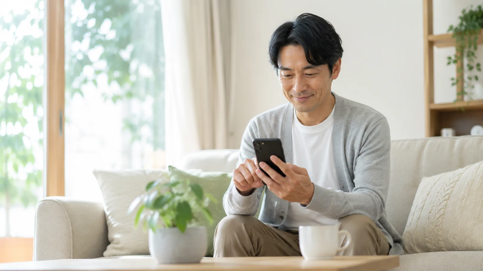 リビングのソファでスマホを操作しながらデジタル断捨離を進める40代の男性