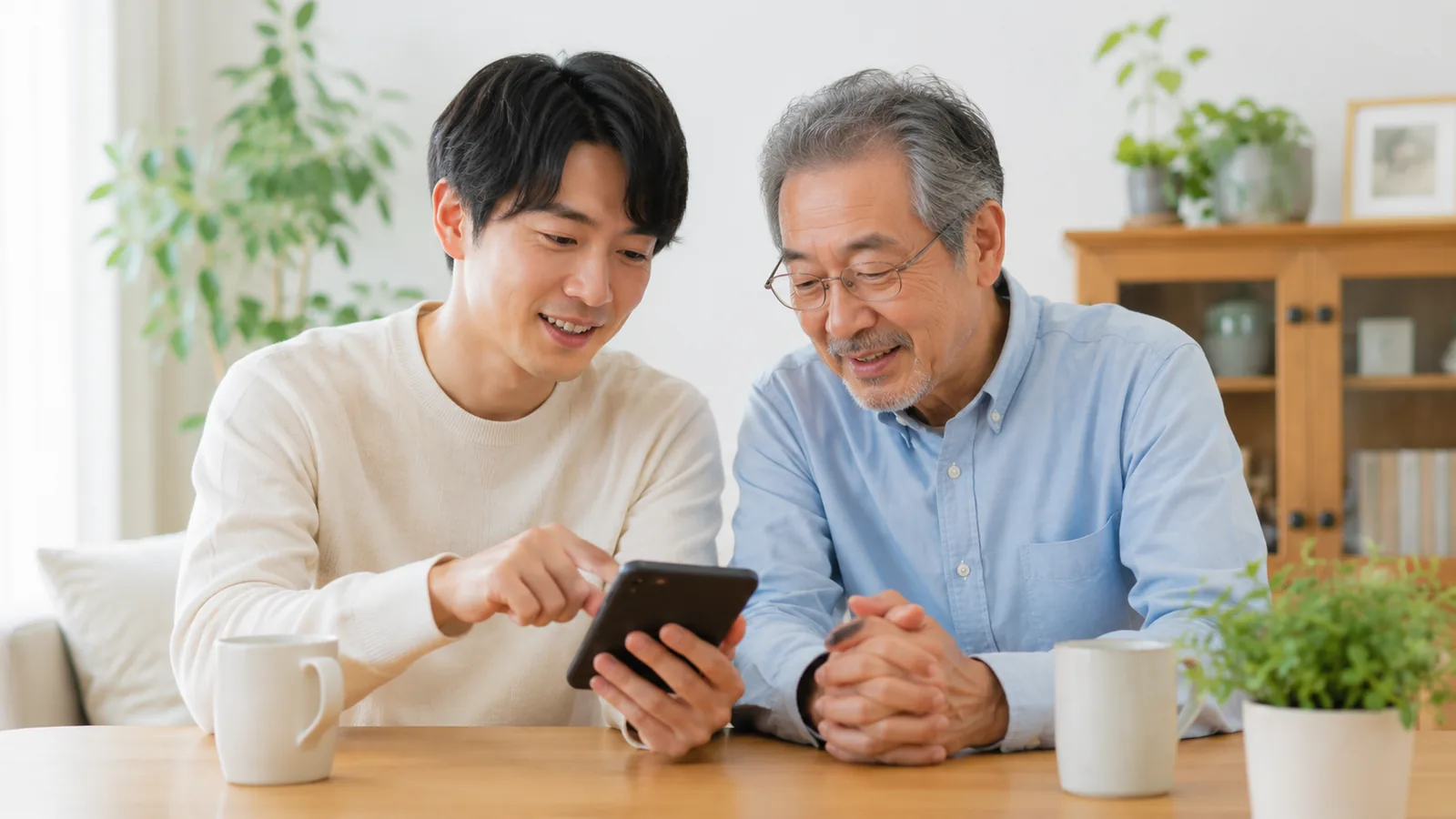 家族が並んでスマートフォンを見ながら、在りかの引き継ぎについて穏やかに話す様子