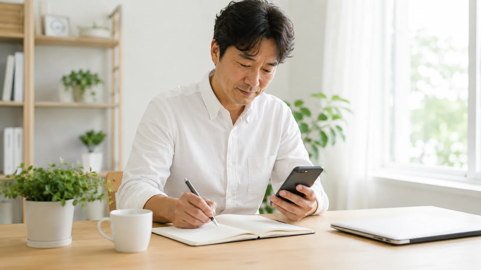 デスクでスマートフォンとノートを使い、デジタル資産を落ち着いて整理する様子