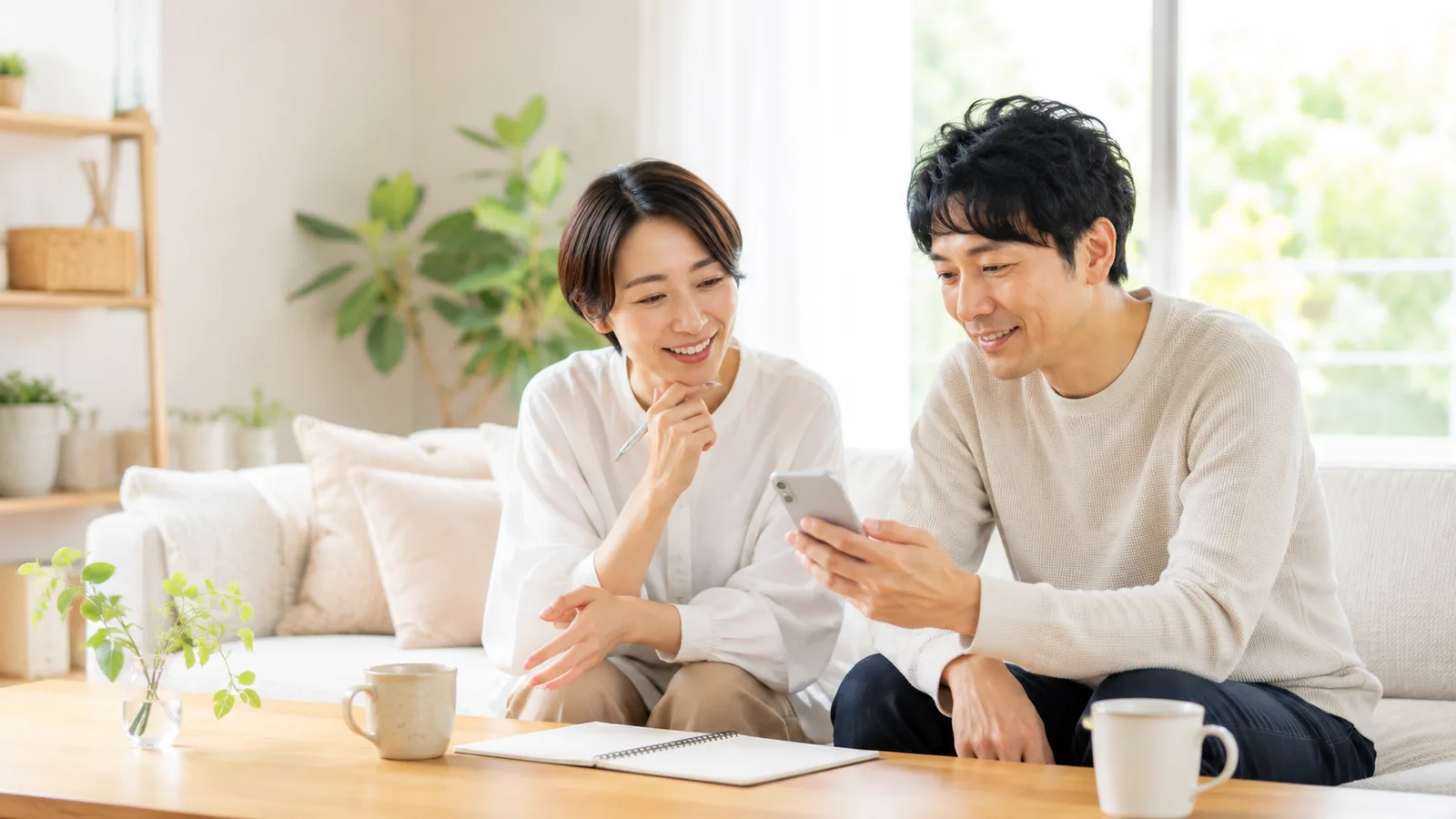 明るいリビングで、家族が穏やかに暮らしの準備について話している様子
