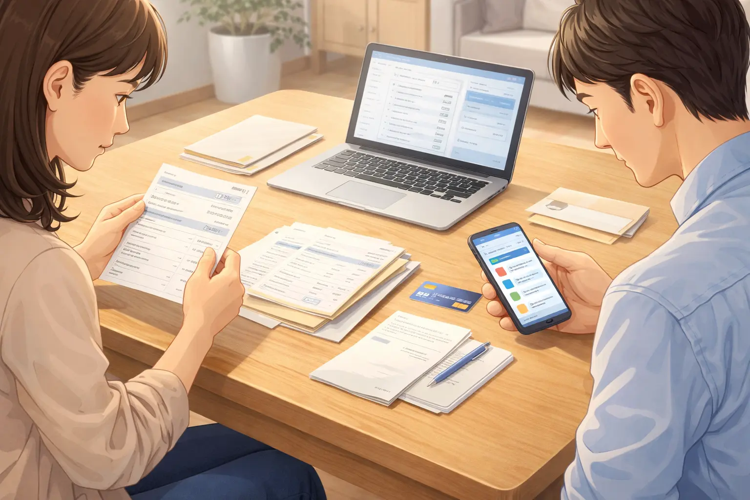 クレジットカード明細やスマホ、ノートパソコンを前に、継続課金の手がかりを確認している様子