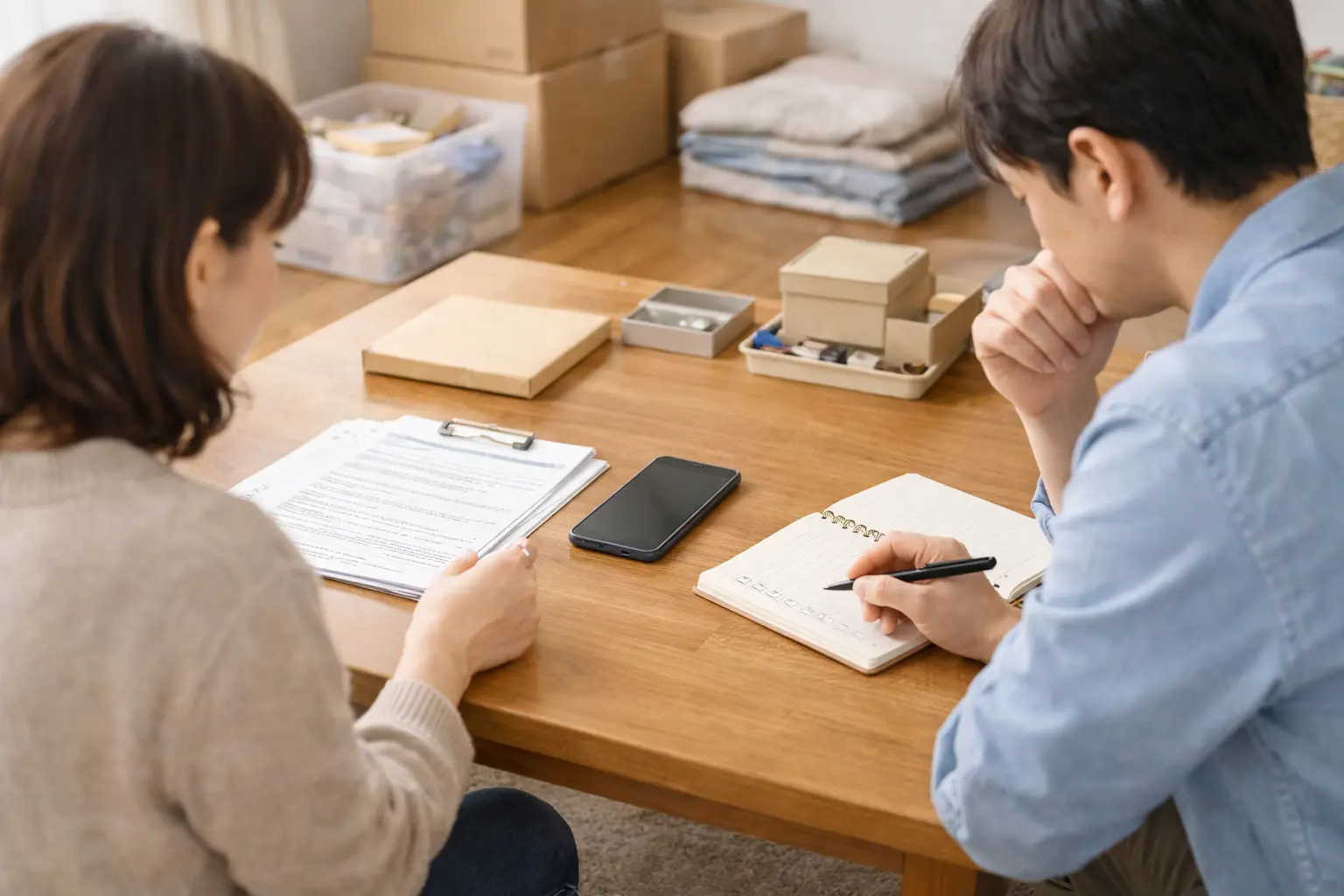 親のスマホを売るべきか迷い、スマホや書類を前に確認事項を整理している様子