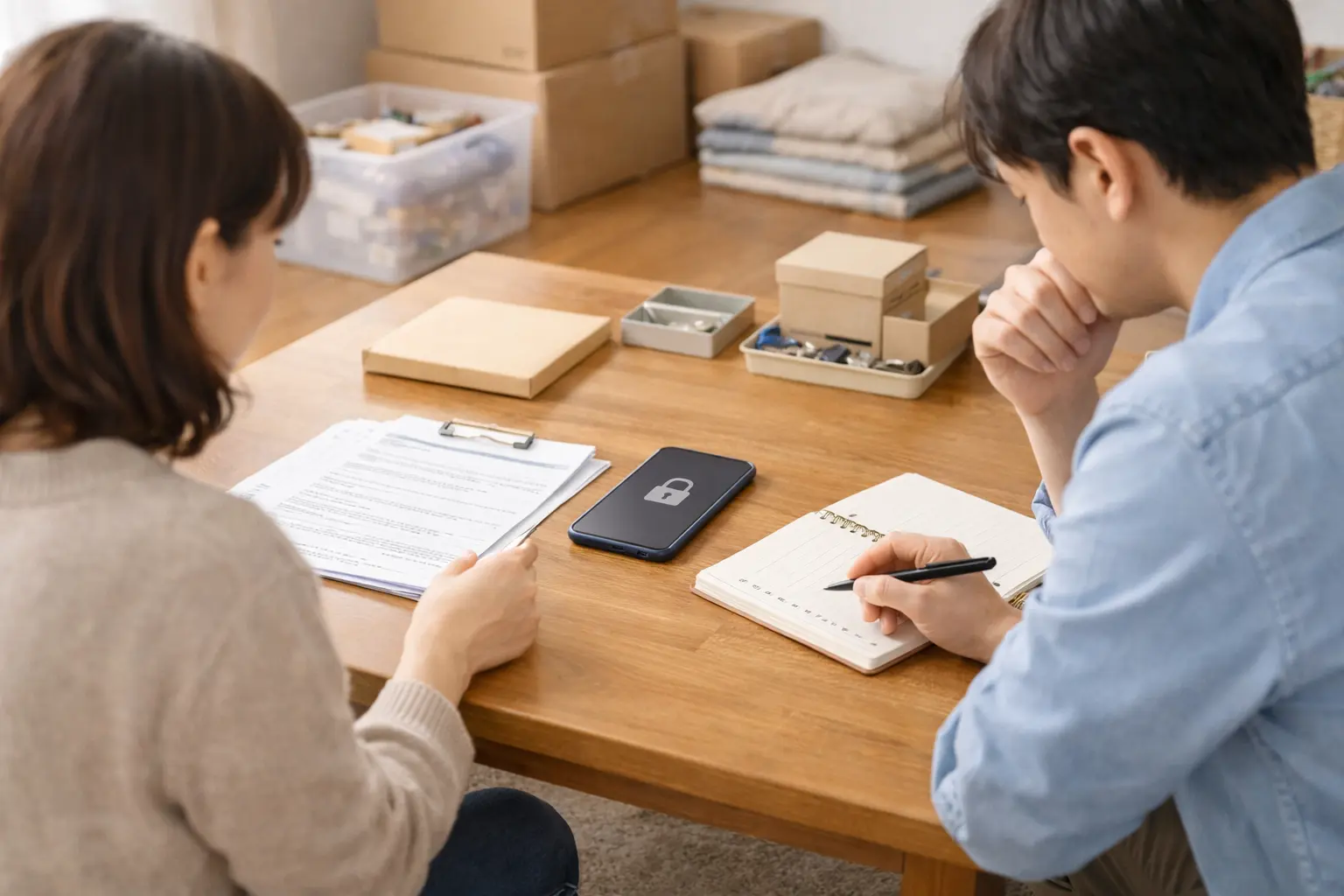 故人のスマホや書類を前に、何を確認したいのかを落ち着いて整理している様子