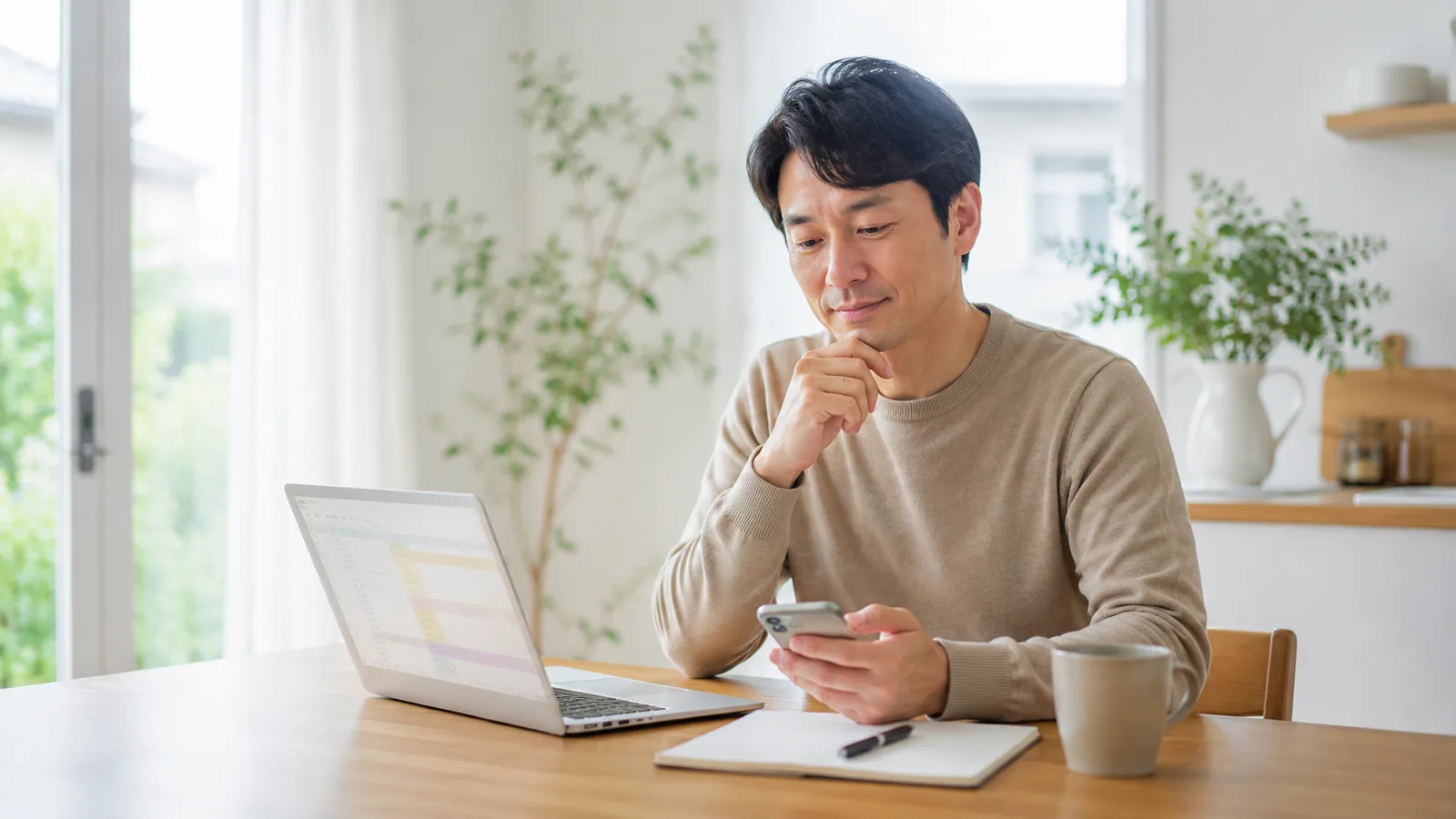 パソコンとスマホを前に、パスワードや大事な情報をどの方法で管理・家族に残すか比較検討している人