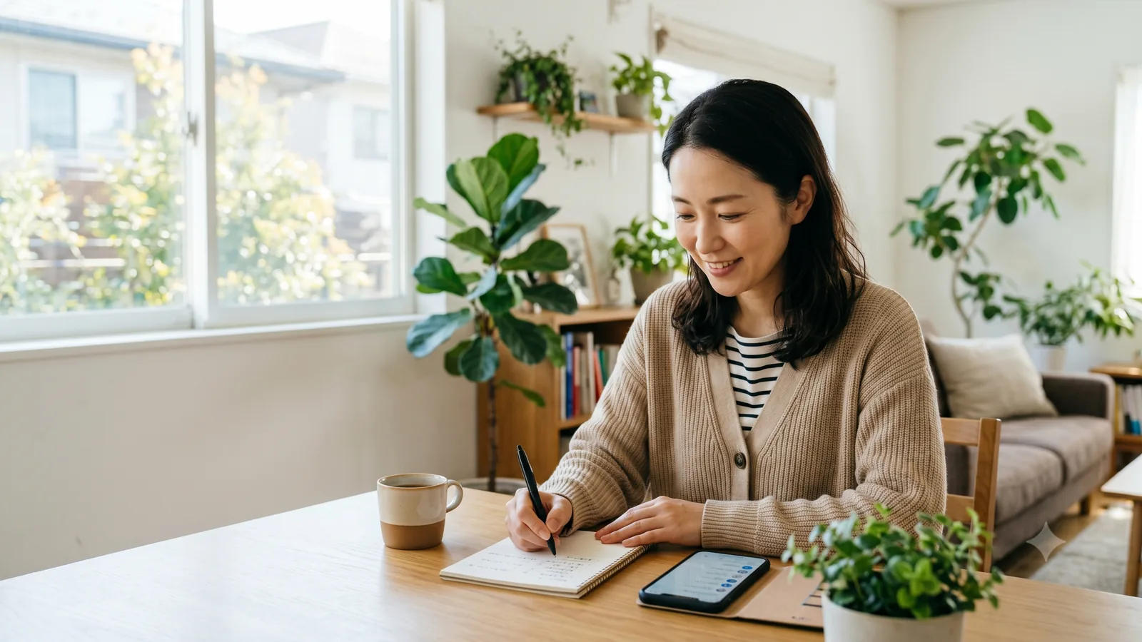 明るい部屋で、もしものときに家族へ伝えることをノートに書き出して準備する人