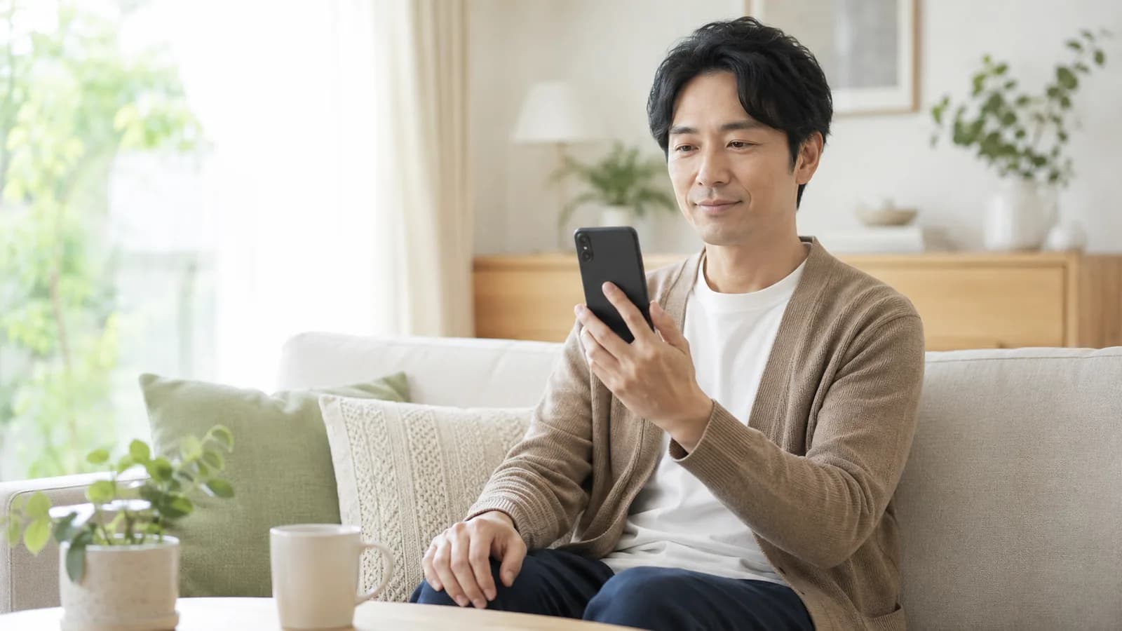 リビングのソファでスマホを指紋認証や顔認証で解除し、パスワードを安全に管理する人