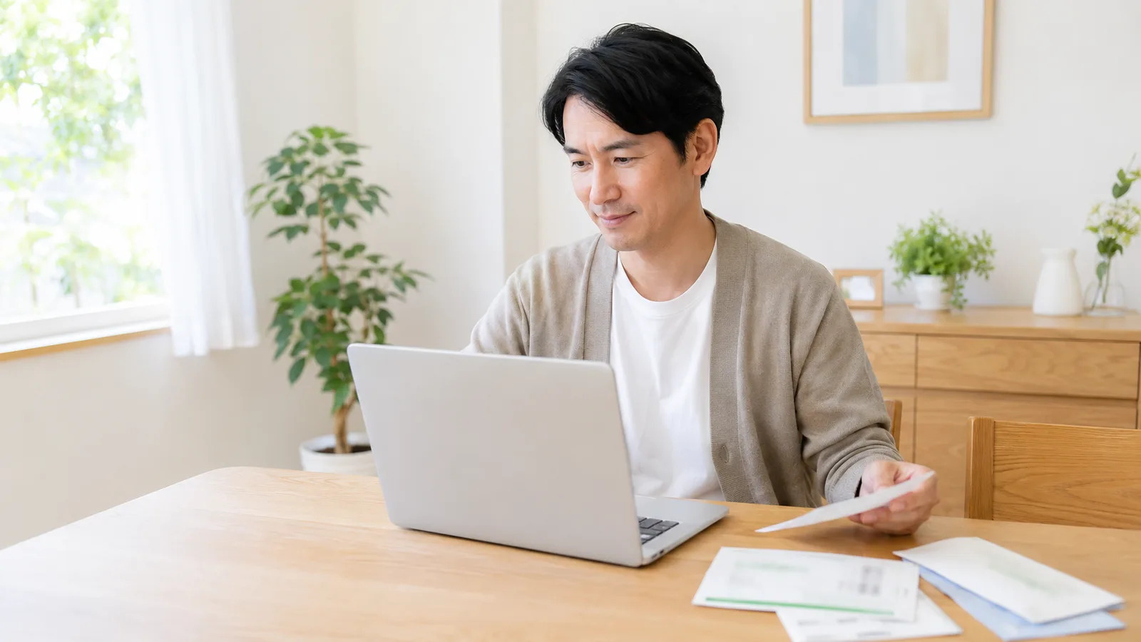 ダイニングテーブルでノートパソコンと書類を使い、保険契約の一覧表を作っている様子
