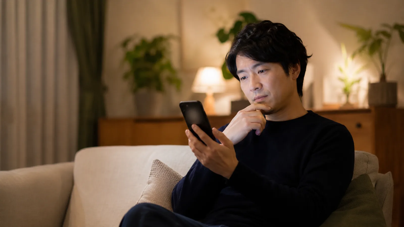 夜のリビングで一人スマホを見ながら、自分の投資を家族は知っているだろうかと考える人