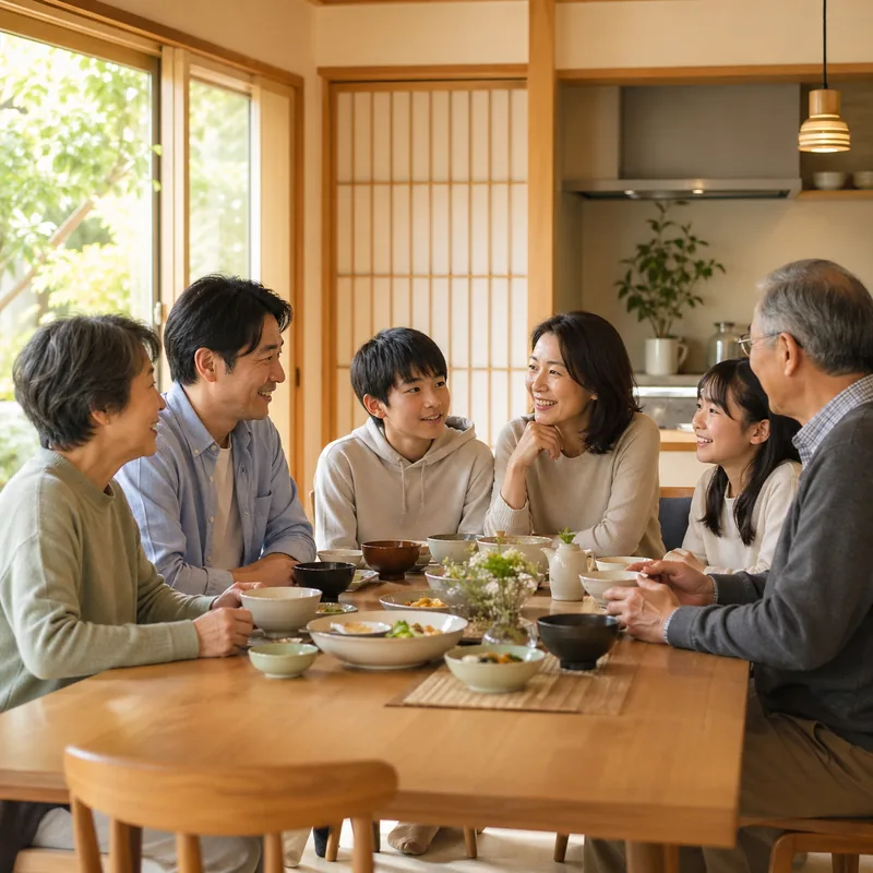 食卓を囲む 3 世代の日本人家族